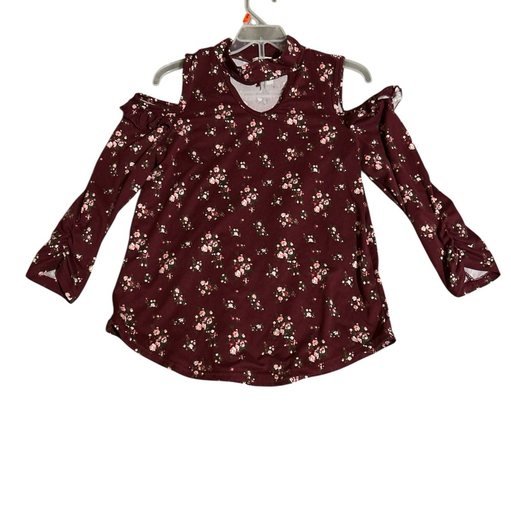 Floral Kids Cold Shoulder Top - Maroon